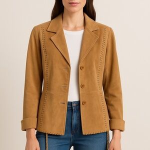 Helline Tan Suede Jacket | Western Whipstitch Leather Blazer | Size 42